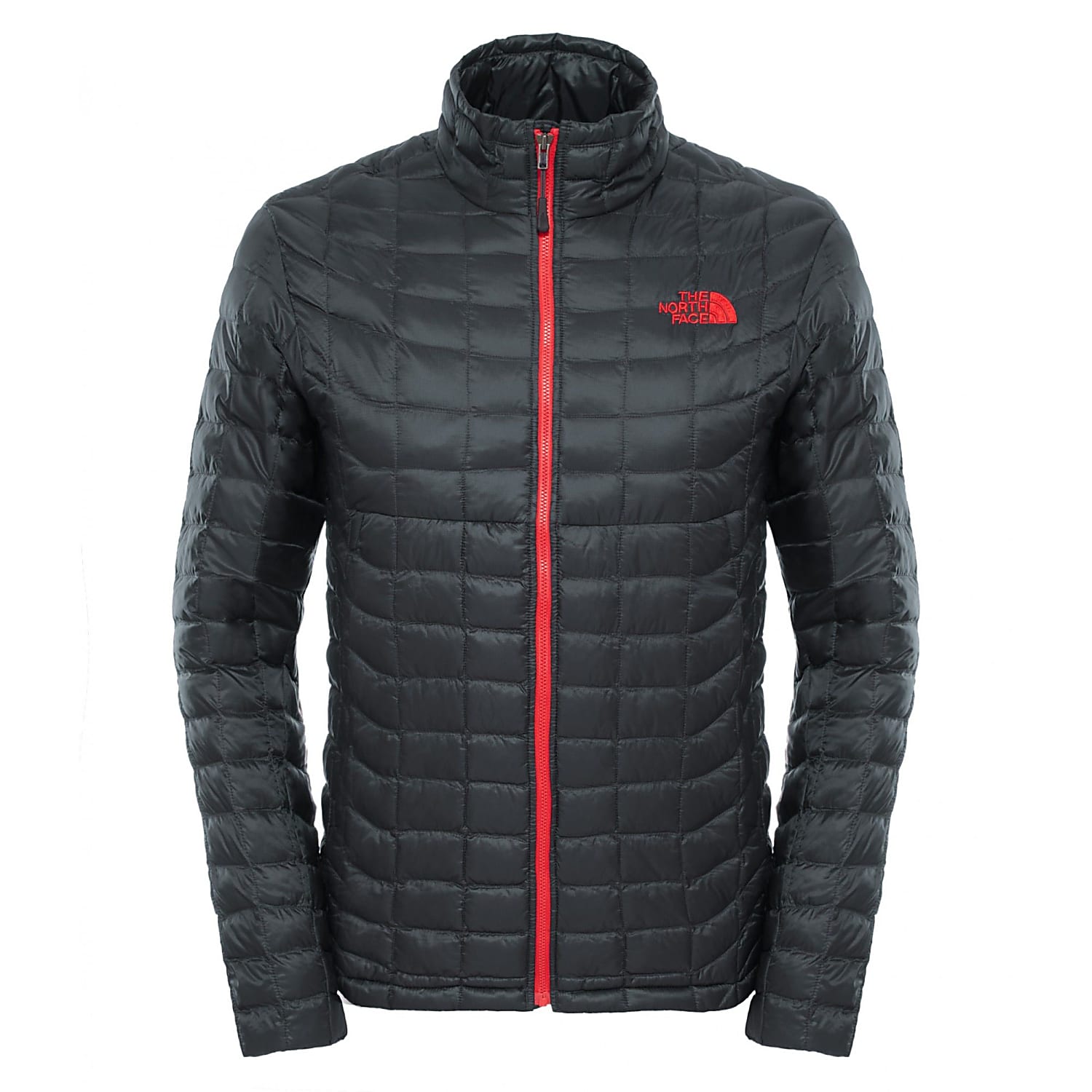 red and grey north face jacket