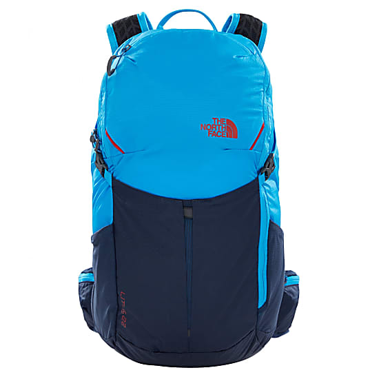 navy blue and pink north face backpack