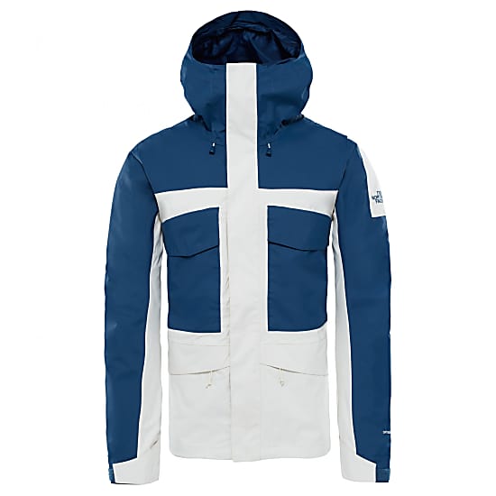 white and blue north face jacket