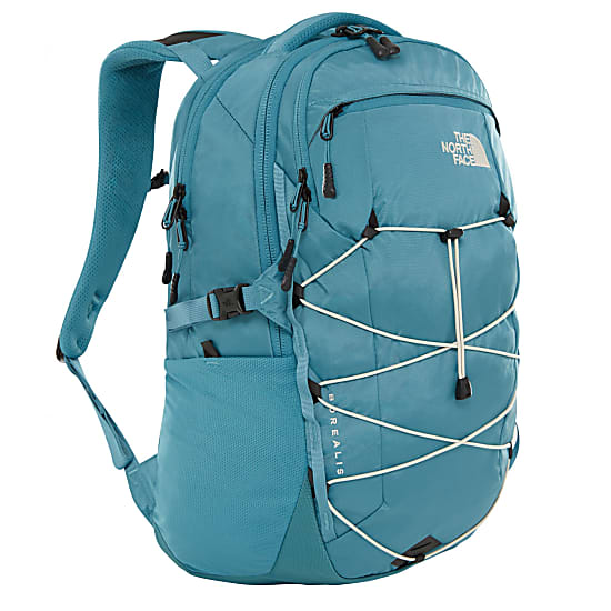 white and blue north face backpack