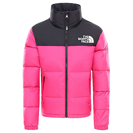 pink and green north face jacket