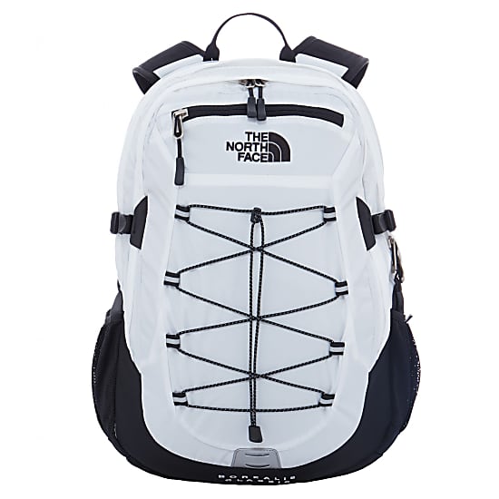 white and blue north face backpack