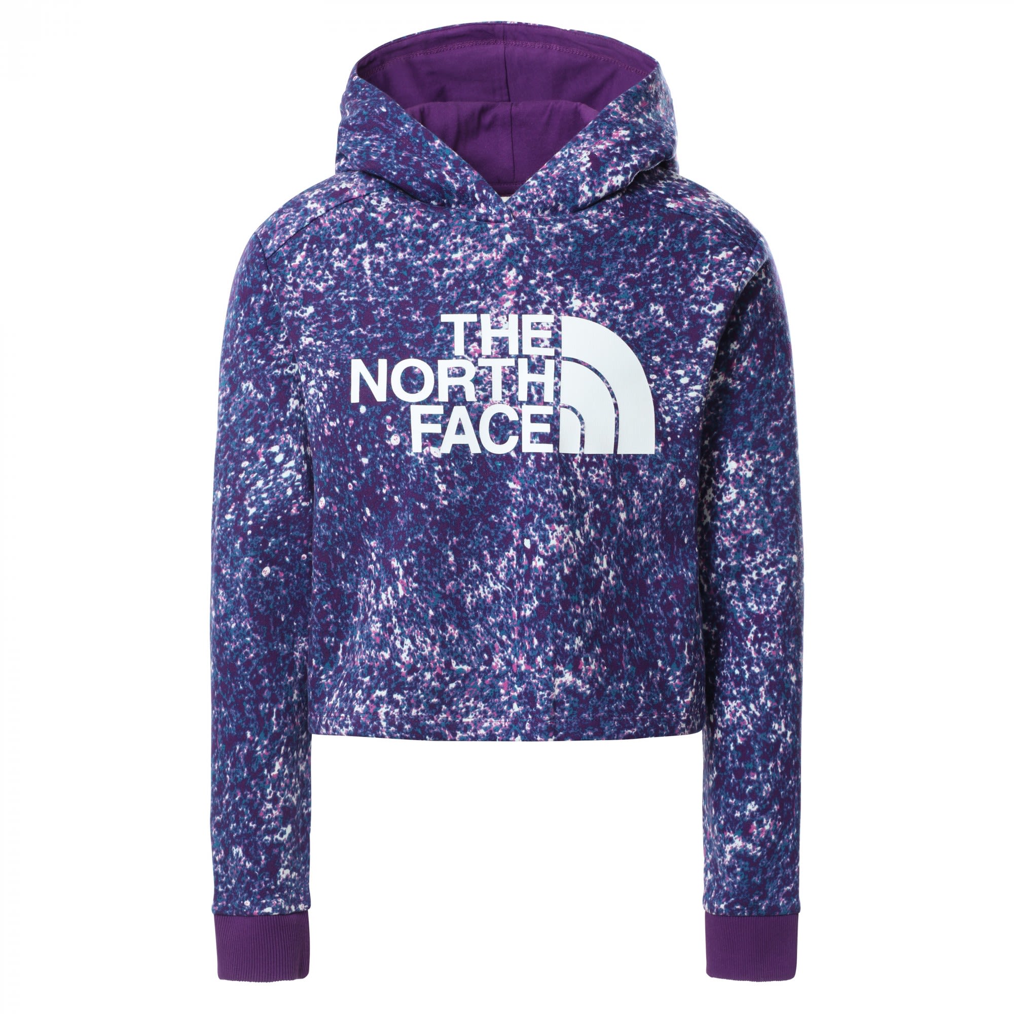 The North Face Leichter bauchfreier Mädchen Logo Kapuzenpullover Gravity Purple Paint Spots Print